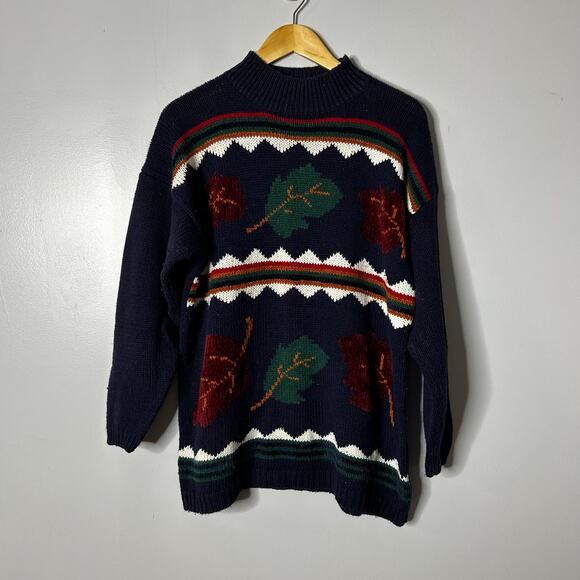 Vintage Spice of Life Chunky Knit Novelty Print Sweater Women’s Large Blue Leaf - Picture 1 of 5